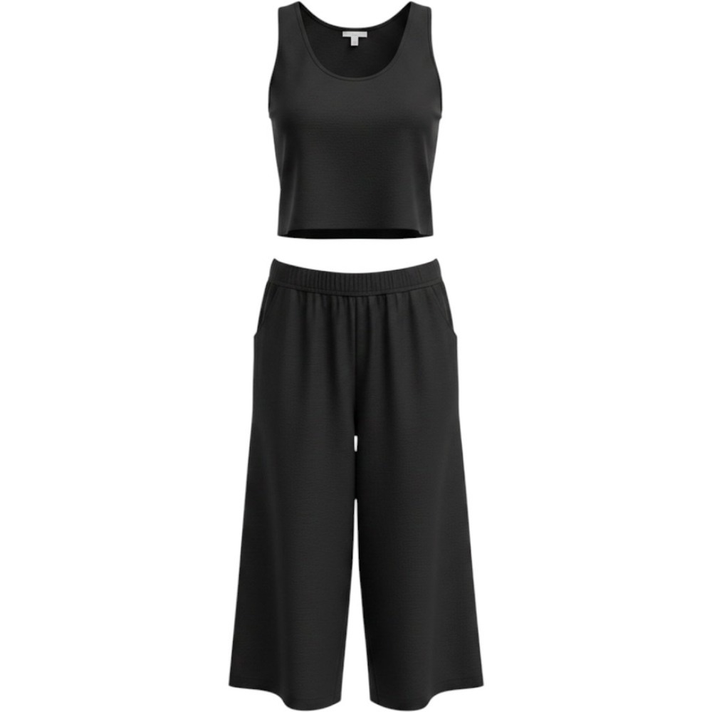 Linen Blend‎ Two Piece Set Black Button Back Crop Top Wide Leg Culotte Pants Lg